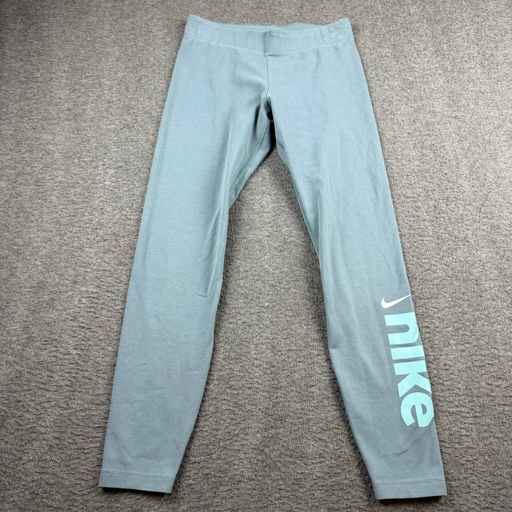 Nike Women's M Medium‎ Blue Gray Teal Graphic Logo Leggings Sportswear 429425